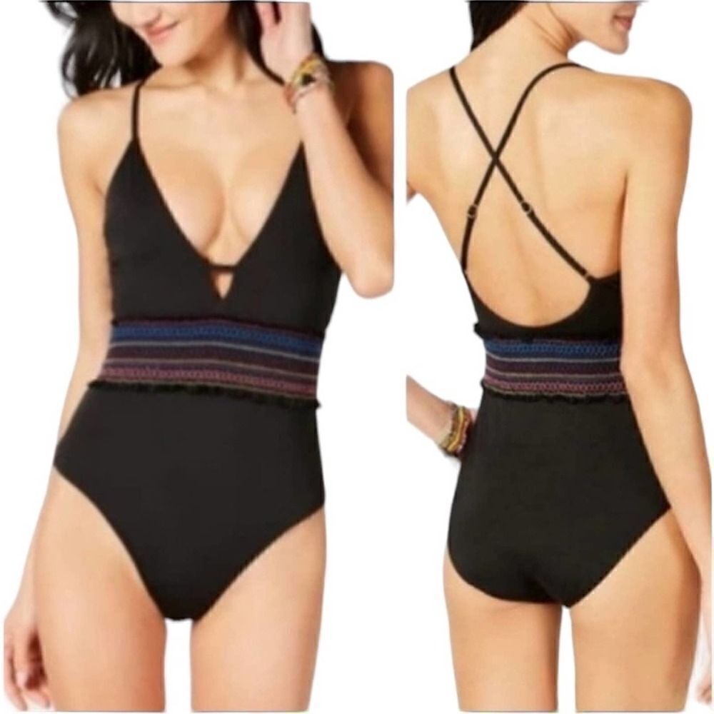 NEW Macy’s Bar III Smocking Solids One Piece Plunge Swimsuit Black Colorful - L